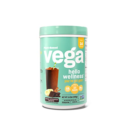 Vega Hello Wellness Youve Got Guts Blender Free Smoothie, Choco Cinnamon Banana (14 Servings) Plant Based Vegan Protein Powder, 5g Prebiotic Fiber, 0g Added Sugar, 14.3oz (Packaging May Vary)