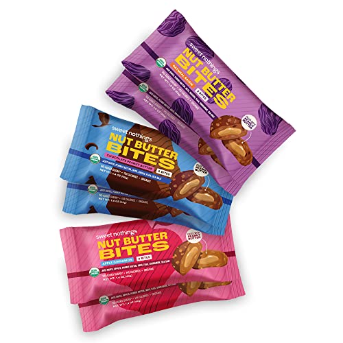 Sweet Nothings, Organic Superfood Nut Butter Bites Snack, Variety Pack: Chocolate, Apple Cinnamon, and Oatmeal Raisin, Filled with Peanut Butter, 6 - 2 Bite Packs (2 of each flavor) No Added Sugar, Plant Based, Vegan, Only 7 Ingredients