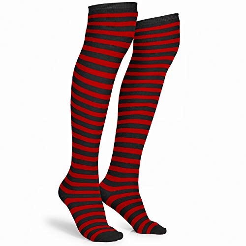 Skeleteen Black and Red Socks - Over The Knee Striped Thigh High Costume Accessories Stockings for Men, Women and Kids