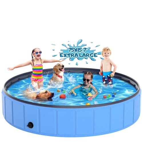 Dog Pool 75"x15.7", TOSKIESGO Extra Large Foldable Plastic Pool for Large Dogs, 0.55mm Durable and Collapsible Pet Bathing Tub Portable Outside Swimming Pool for Kiddie and Dogs