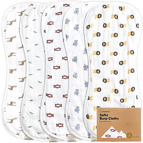 5-Pack Muslin Burp Cloths Baby Boy, Girl - Organic Bamboo Cotton Burp Cloth, Burping Cloths for Babies, Neutral Burp Clothes for Baby Girls, Boys, Spit Up Burp Rags, Large Baby Burp Cloths (The Wild)