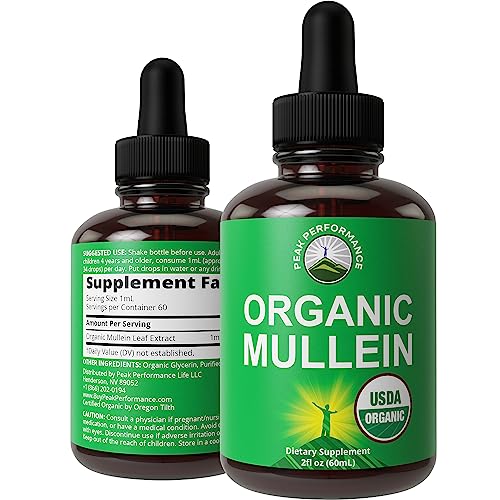 USDA Organic Mullein Leaf Liquid Drops Tincture Supplement. High Bioavailability For Women, Men, Kids. For Respiratory Health, Lung Detox, Cleanse. Soothes Lungs, Cough, Congestion. Vegan, Zero Sugar