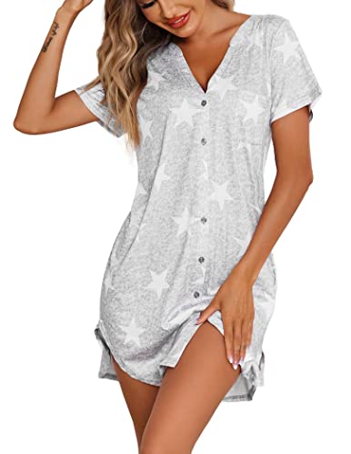 Ekouaer Women's Sleep Dress Short Sleeve Sleepwear Comfy Button Down Sleepshirt with Chest Pocket