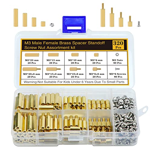 Csdtylh 320Pcs M3 Motherboard Standoffs&Screws&Nuts Kit, Hex Male-Female Brass Spacer Standoffs, Laptop Screws for DIY Computer Build, Electronic Projects, Raspberry Pi, Circuit Board etc.
