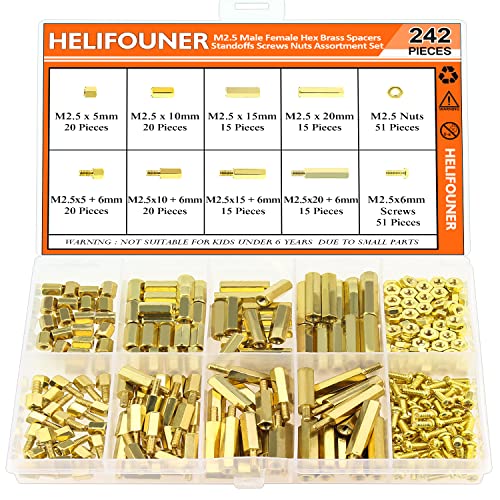 HELIFOUNER 242 Pieces M2.5 Male Female Hex Brass Spacers Standoffs Screws Nuts Assortment Kit, Threaded Pillar for Printed Circuit Board Motherboard