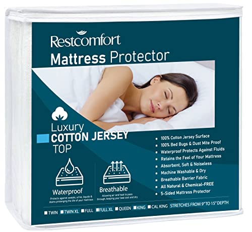 Luxury Cotton Jersey Top Mattress Protector Hypoallergenic - Dust Mite and Bed Bug and Water Resistant - Rest Comfort (Queen)