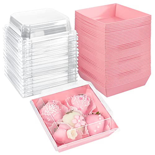 Ocmoiy 50Pk Paper Charcuterie Boxes with Clear Secure Lids, 4" Square Disposable To-Go Dessert Containers Pink Bakery Boxes for Strawberries, Cookies, Cake Slice, Brownies and Cinnamon Rolls