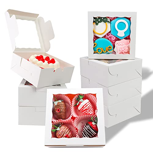 SLShePack 55pcs 6"x6"x2" White Bakery Boxes with Window Cookie Boxes Small Cake Boxes Macaron Boxes Pie Boxes Truffle Chocolate Boxes