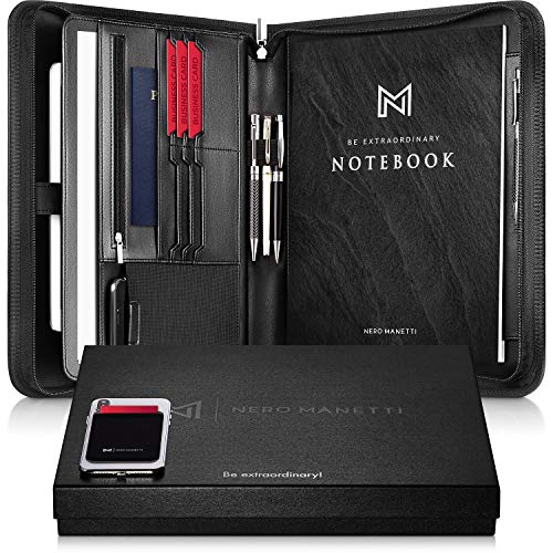 NERO MANETTI- Zippered Vegan Leather Padfolio/Portfolio Pad Holder-Business PU Leather Notepad Folder for Resumes, Interviews, iPad/Tablet, Phone, Legal Pad Notebook Executive Binder for Women, Men