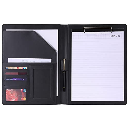 Padfolio/Portfolio Folder Clipboard,Resume/Interview Document Organizer & Business Card Holder Slot/Letter/A4 Size Writing Pad Holder,Faux Leather Office Conference Notepad Clip Boards, Black