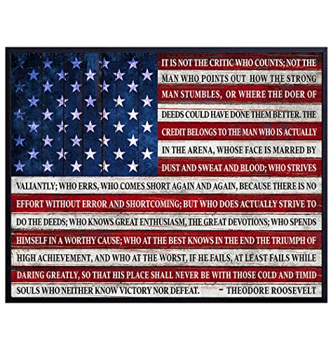 American Flag Wall Art & Decor LARGE 11x14 - Courage Teddy Roosevelt Quote - Inspirational Patriotic Motivational poster - positive Quotes - Gift for Veteran Day, United States Military, Army, Navy