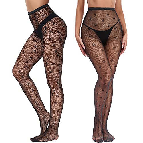 Livfrels Black tights for women, Moon tights and star tights, plus size fishnet stockings, Heart fishnets Halloween