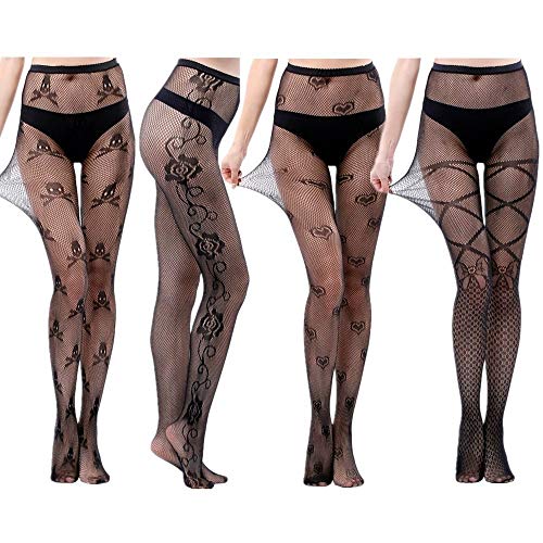 DOIAESKV Plus Size Womens Sexy Lace Patterned Tights Fishnet Floral Stockings High Waist Pantyhose for Girls Ladies 4 Pairs (Skull-Rose-Heart-Bowtie)