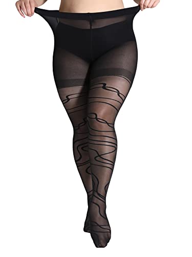 Cozyease Women's Plus Size Graphic Heart Print Tights Sheer Bow Mesh fishnet stockings pantyhose Plus Black Ripple one-size