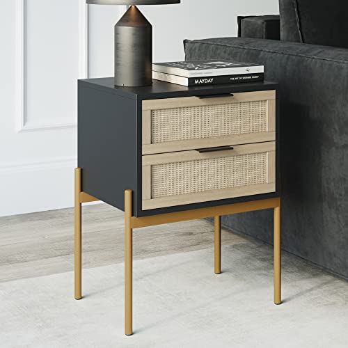 Nathan James Andrew Nightstand, Accent Bedside End Side Table with Storage Drawer, and Mid-Century Modern Legs for Living Room or Bedroom, 1, Black/Cane/Gold