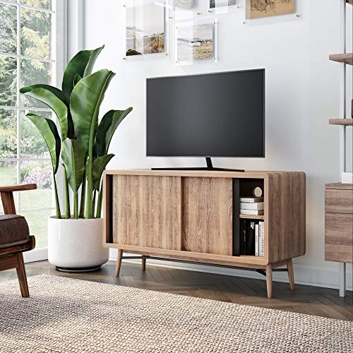 Nathan James Liam Modern Mid-Century TV Stand, Media Console or Entertainment Cabinet with Sliding Doors, Oak