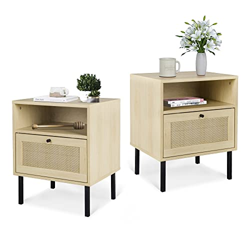 AWQM Rattan End Table Set of 2, Nightstand with Open Storage Shelves and Drawer, Wood Small Sofa Table Accent Side Table Storage Cabinet for Bedroom Living Room, Natural