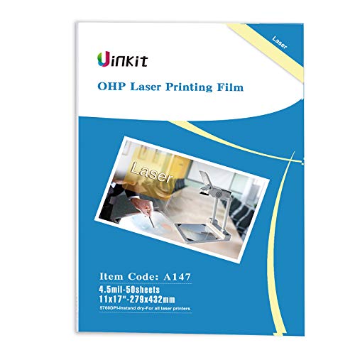 Uinkit 11x17 Laser Transparency Film OHP 50 Pack Acetate Sheets Clear Overhead Projector Laserjet Film for Color Laser Jet Printer and Copier A3 Menu Size 11 x 17 50 Pack Uinkit