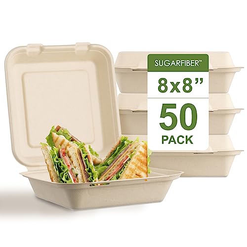 Harvest Pack GOURMET SHOWCASE [50 COUNT] Sugarfiber 8 X 8 Compostable Square Hinged Container, Single Compartment Clamshell Takeout Box, Made from Eco-Friendly Plant Fibers