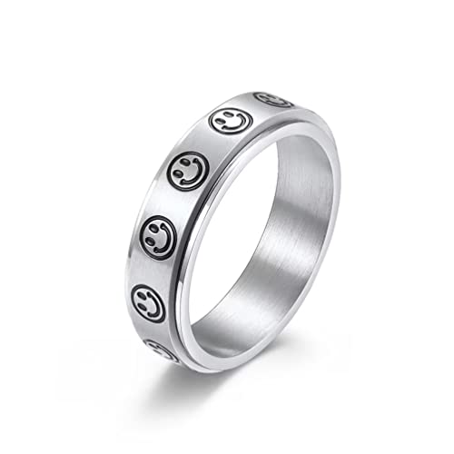 Smiley Face Spinner Ring for Women and Men Stainless Steel Silver Gold Black Smile Fidget Anxiety Ring Rotatable Spinning Stress Relieve Worry Rings