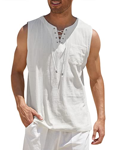 COOFANDY Mens Fashion Linen Shirt V Neck Medieval Renaissance Tank Top, White, 3X-Large, Sleeveless