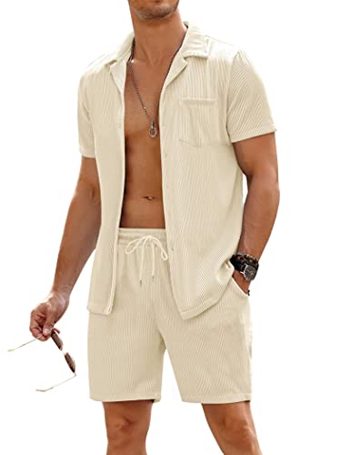 COOFANDY Mens Coordinated Outfit 2 Pieces Shirt Sets Short Sleeve Casual Button Down Hippie T-Shirts Shorts Sets Summer Fashion Beach, Beige, X-Large