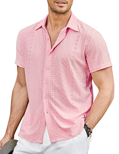 COOFANDY Mens Button Down Beach Shirt Short Sleeve Casual Vacation Shirts Summer Tropical Shirts Tops Pink