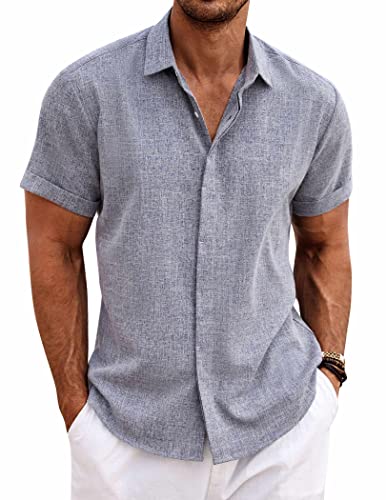 COOFANDY Men's Casual Shirts Button Down Linen Shirt Short Sleeve Cotton Linen Shirts for Men Summer Beach Yoga T Shirts Dark Blue Grey