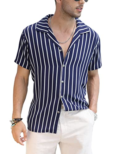 COOFANDY Men's Summer Beach Shirts Boho Hippie Clothes Striped Printed Tops Big and Tall Blue