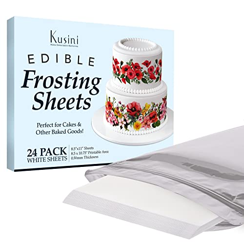 Kusini Edible Paper  24 Frosting Sheets in Resealable Packaging 8.5 x 11, Kosher Certified and Vegan-Friendly  White Icing Cakes Decorating Supplies for Edibles Printer Sheets for Cake and Cookies