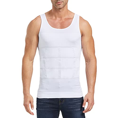Aptoco Compression Shirts for Men Shapewear Vest Body Shaper Abs Abdomen Slim Elastic Tank Top Undershirt for Hid Men's Gynecomastia (White, M)