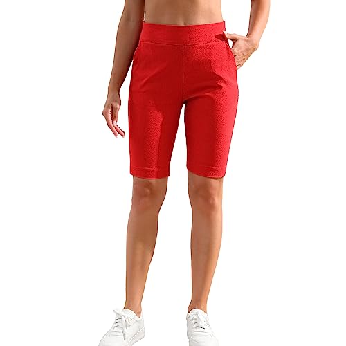 JAMfit Women's Pull-On Bermuda Shorts Stretch High Waist 10" Inseam Dressy Summer Casual Athletic Shorts with Pockets Red