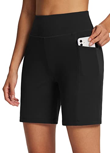 BALEAF Women's Bermuda Shorts with Pockets Casual Summer High Waisted Athletic Running Workout Long Shorts Pull On 7" Black L