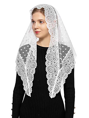 Wgior Triangle Vintage Inspired Lace Chapel Veils Catholic Mass Head Covering Scarf Mantilla Veils for Church (White)