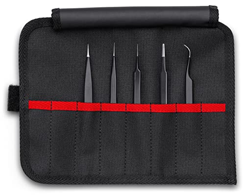 KNIPEX Tools 92 00 01 ESD 5 Pc Stainless Steel Tweezers Set in Tool Roll-ESD, Black