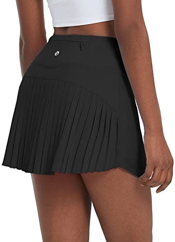 BALEAF Women's Pleated Tennis Skirts High Waisted Lightweight Athletic Golf Skorts Skirts with Shorts Pockets Black Small