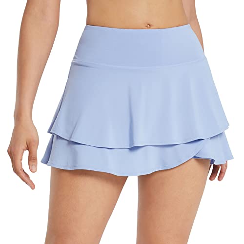 BALEAF Women's Pleated Tennis Skirts Layered Ruffle Mini Skirts with Shorts for Running Workout Blue M