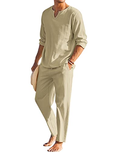 COOFANDY Men's 2 Pieces Cotton Linen Set Henley Shirt Long Sleeve and Casual Beach Pants Summer Yoga Outfits Khaki