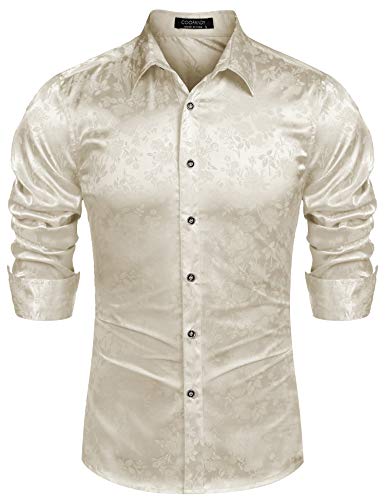 COOFANDY Mens Floral Rose Printed Long Sleeve Dress Shirts Prom Wedding Party Button Down Shirts,Beige XX-Large