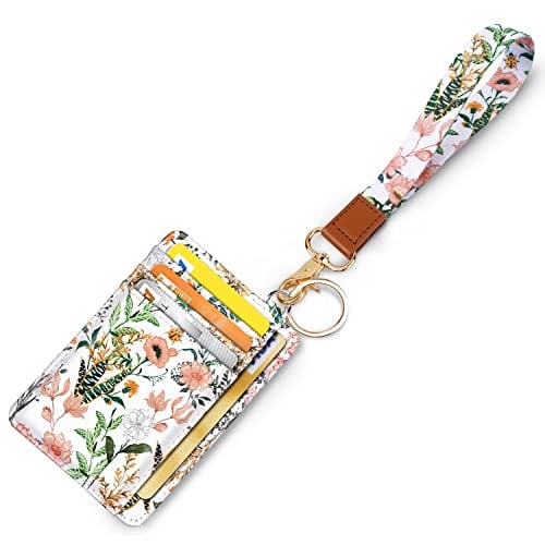 Coco Rossi Slim Front Pocket Wallet RFID ID Card Holder Cute Small Wallet with Wrist Lanyards Key Chain Holder for Women,White Flowers