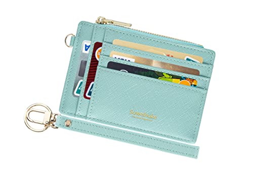 Wikavanli Women Slim RFID Blocking Credit Card Case Holder Wristlet Zip Id Case Wallet Small Compact Leather Wallet Coin Purse with Keychain (Light Green)