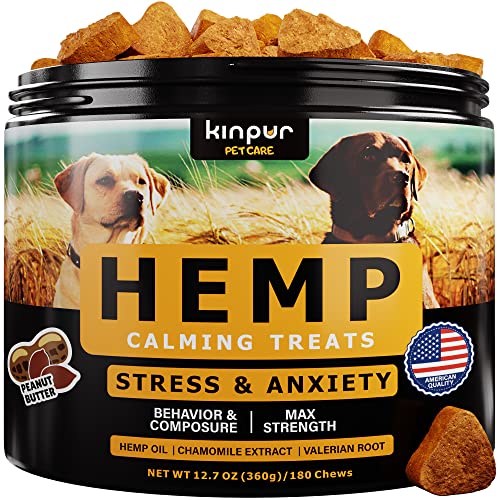 Kinpur Pet Care Natural Calming Chews for Dogs with Hemp Oil and Valerian Root (Peanut Butter, 180 Chews)