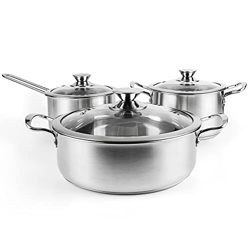 Stainless steel pot set,6 Piece Kitchen Induction Cookware Sets with Glass Lids, Stay Cool Handle, Works with Induction, Electric and Gas Cooktops, Oven SafeDishwasher