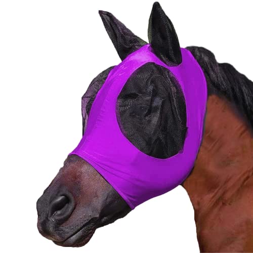 Horse Fly Mask,Fly Masks for Horses with Ears, Comfortable&Elasticity Lycra Upgrade Fly Mask with UV Protection (Purple)