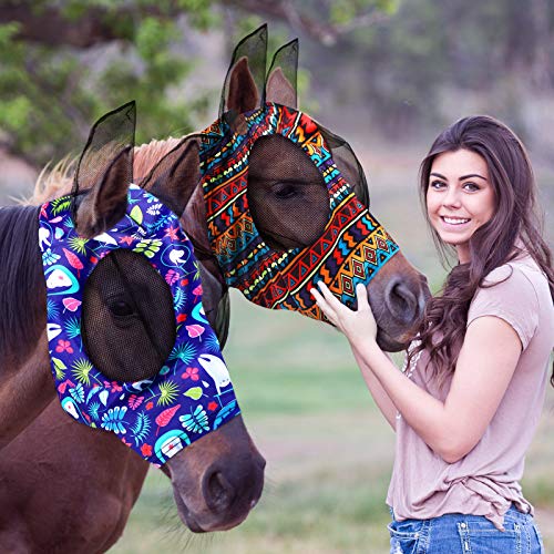 2 Pieces Horse Fly Mask Horse Mask with Ears Smooth and Elasticity Fly Mask with UV Protection (Tribal Grid Patterns,M)