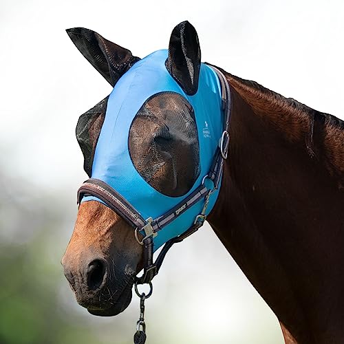 Harrison Howard Super Comfort Horse Fly Mask Elasticity Fly Mask with Ears UV Protection for Horse Azure Blue M Cob
