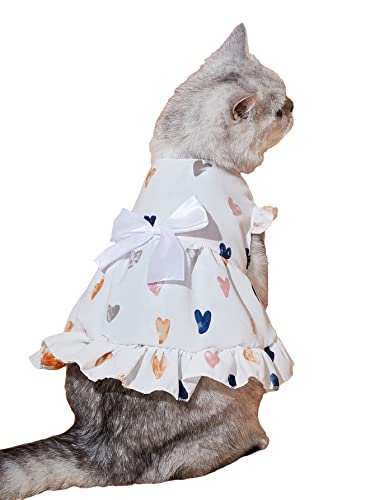 QWINEE Cute Heart Print Cat Dress Bowtie Ribbon Kitten Dress Ruffle Trim Princess Skirt for Small Medium Dog Puppy White M