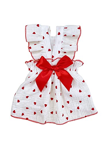 QWINEE Heart Print Dog Cat Dress Bow Decor Cute Dog Dresses Puppy Tutu Skirt Chihuahua Teddy Pomeranian Dress Birthday Holiday Clothes for Cat Kittens Small Medium Large Dogs Red and White S