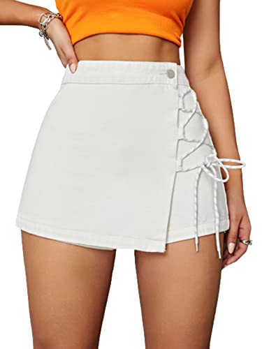 WDIRARA Women's Wrap Lace Up Tie Side High Waist Skort Casual Button Skirt Shorts White M