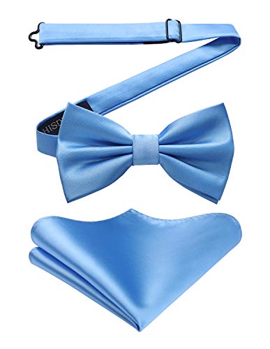 HISDERN Classic Baby Blue Pre-tied Bow Ties for Men Luxury Satin Bow Tie Pocket Squares Set Tuxedo Wedding Business Prom Solid Color